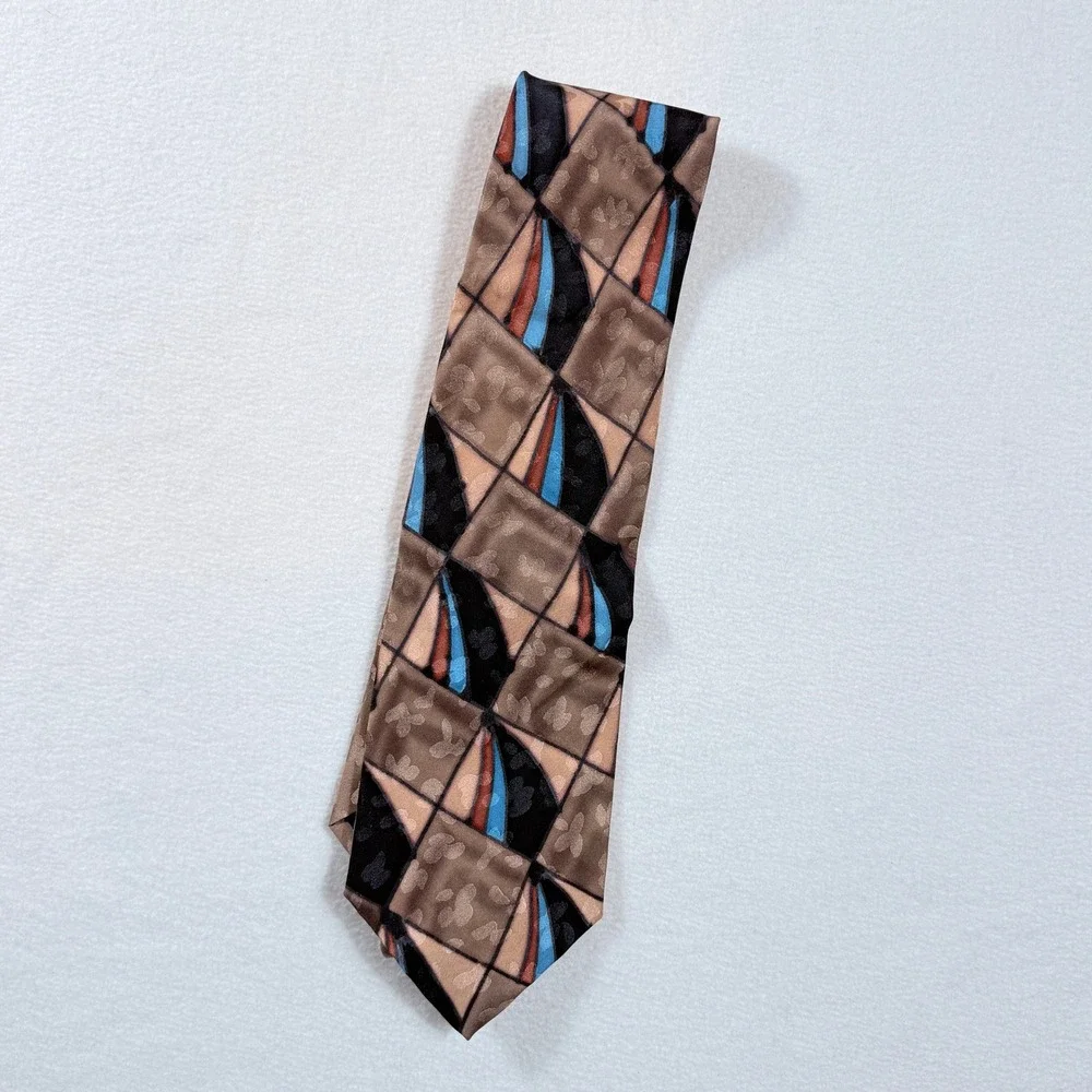 Robert Daskal‎ Necktie Mens OS Brown Handpainted Geometric Silk Gloria Cha Artsy